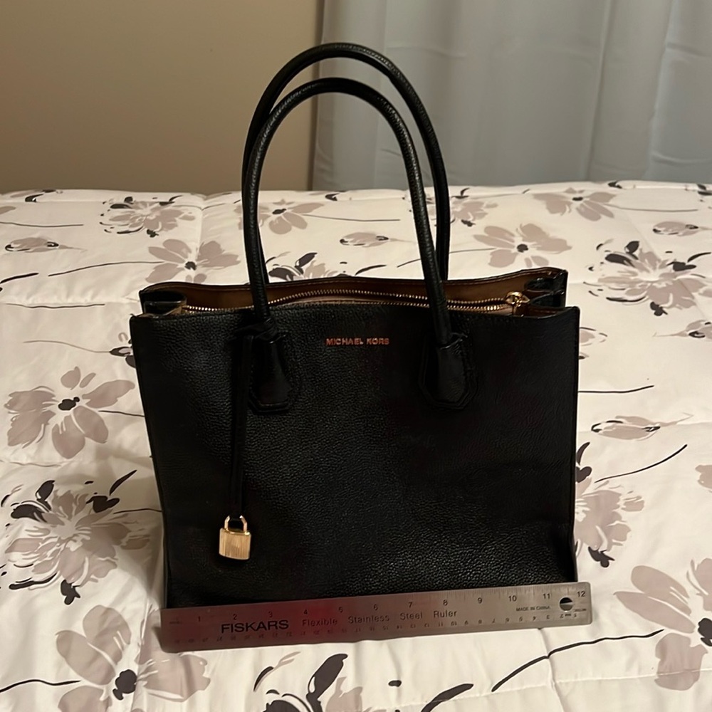 Michael Kors, black handbag, 12” L x 5” W x 10” H